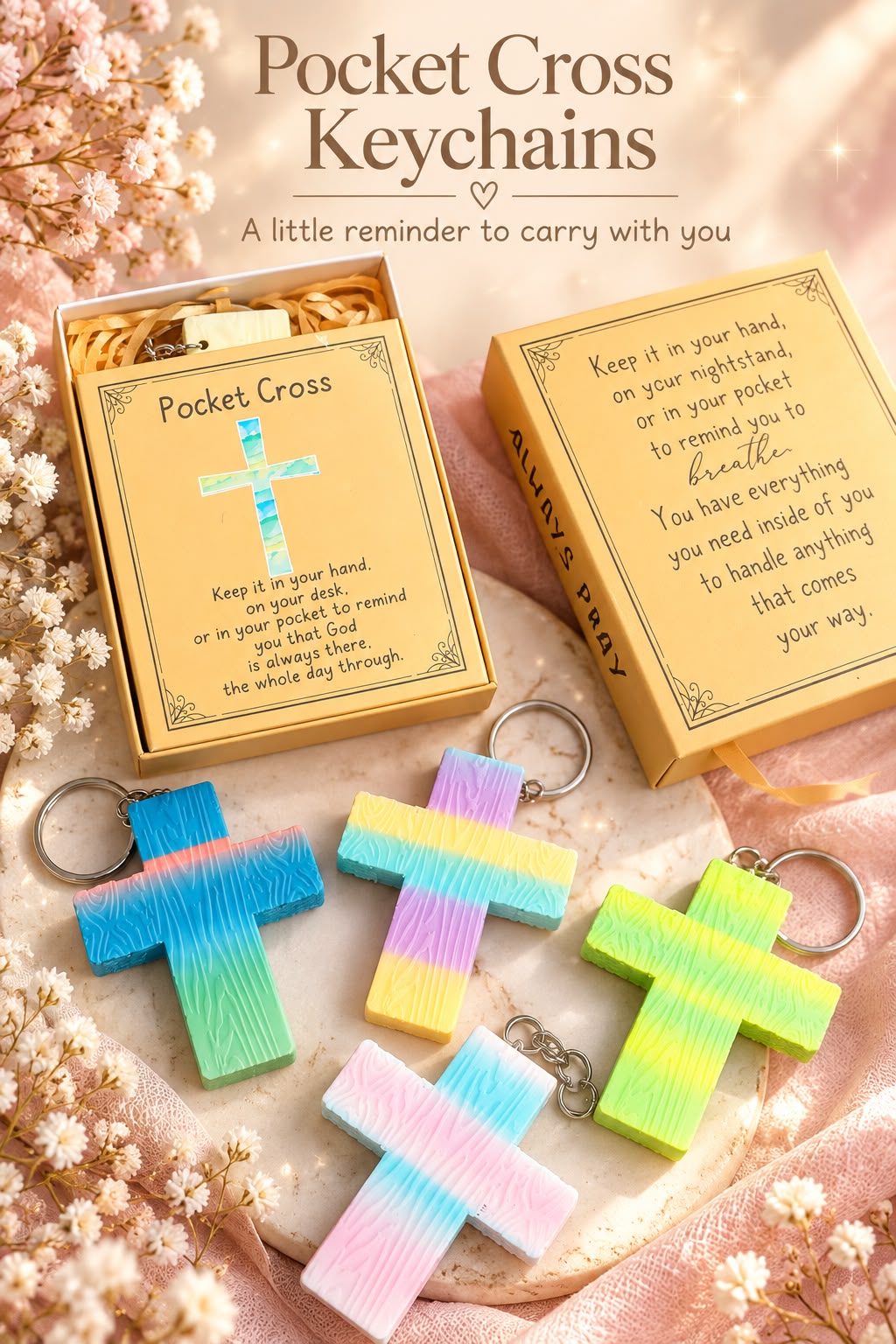Cross clicker keychains in colorful ombré designs with gift box