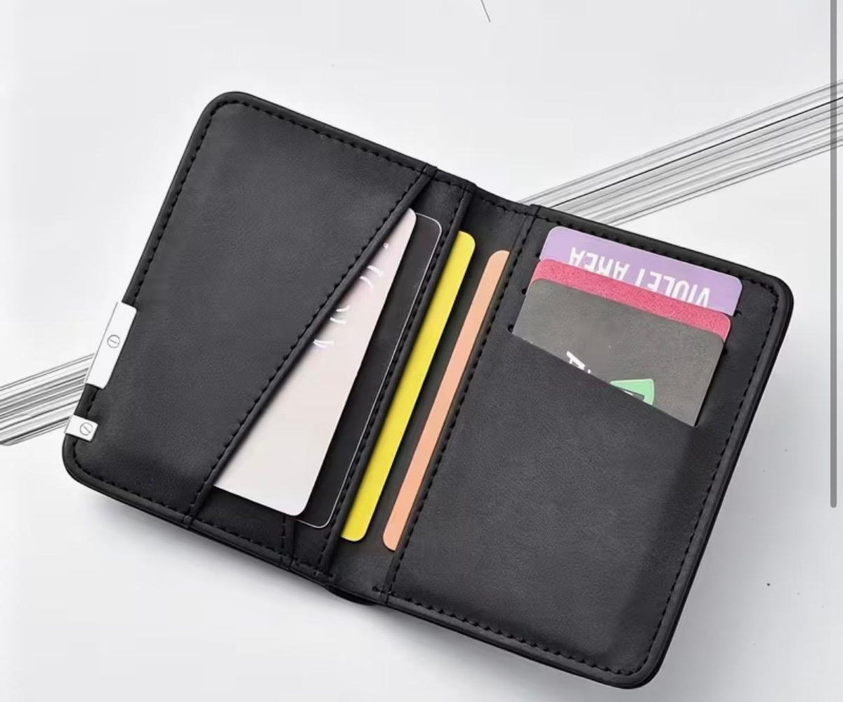Men's leather wallet open, showing card slots