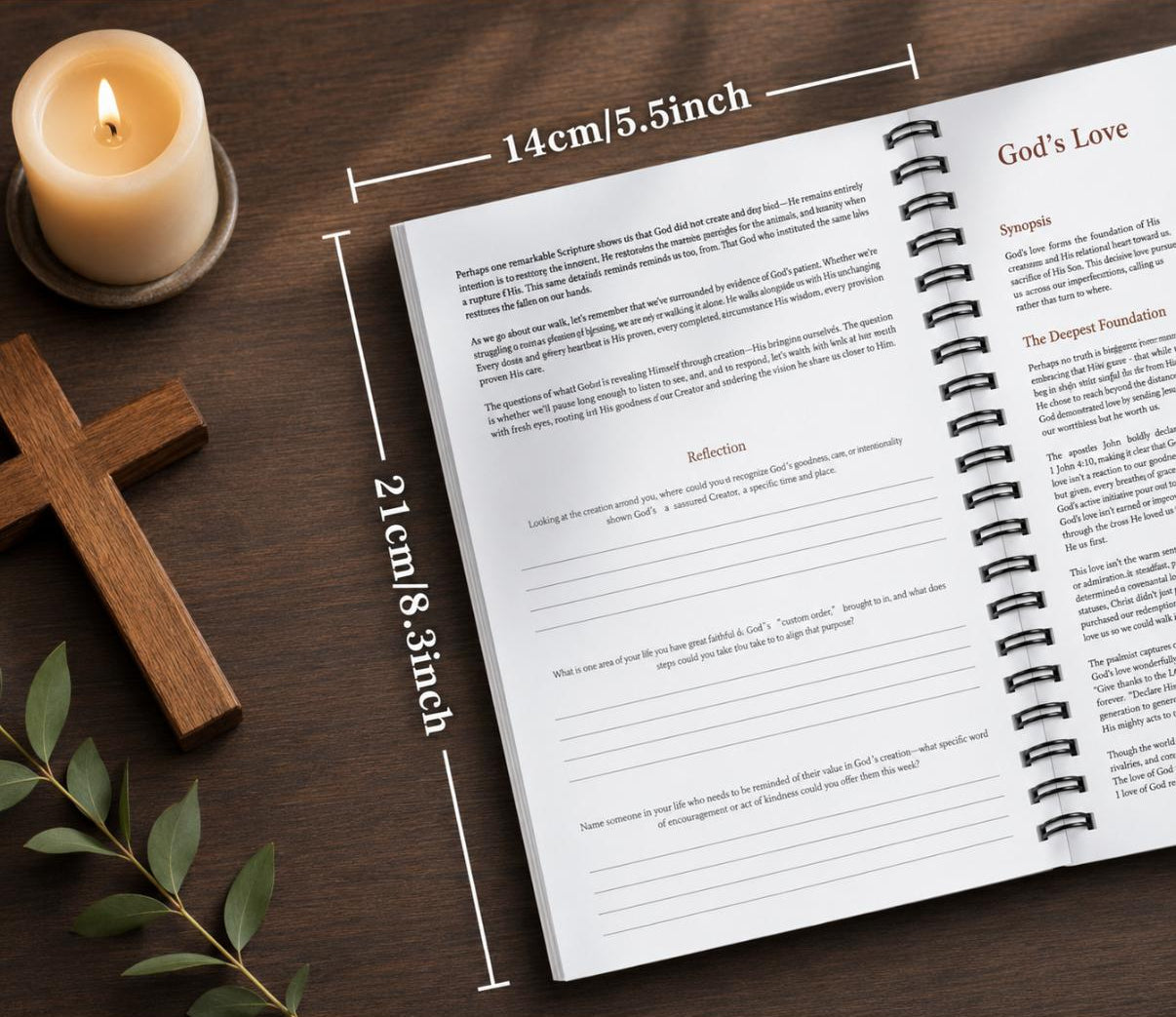 Open book with dimensions marked, candle, and cross on a wooden surface