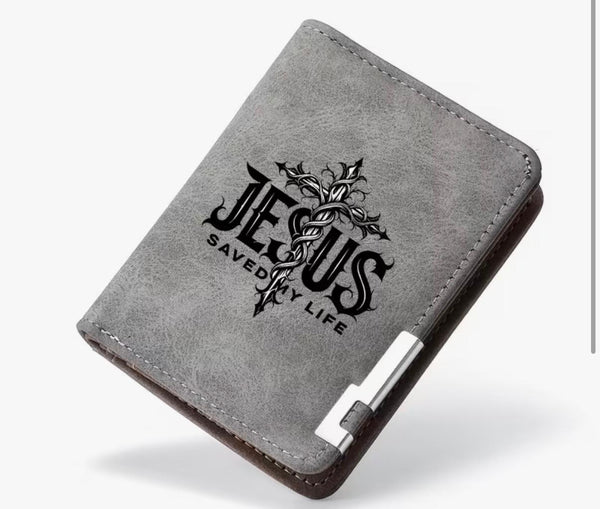 Men's leather wallet, Jesus Saved My Life design