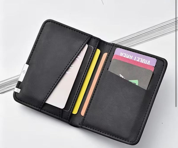 Men's leather wallet open, showing card slots